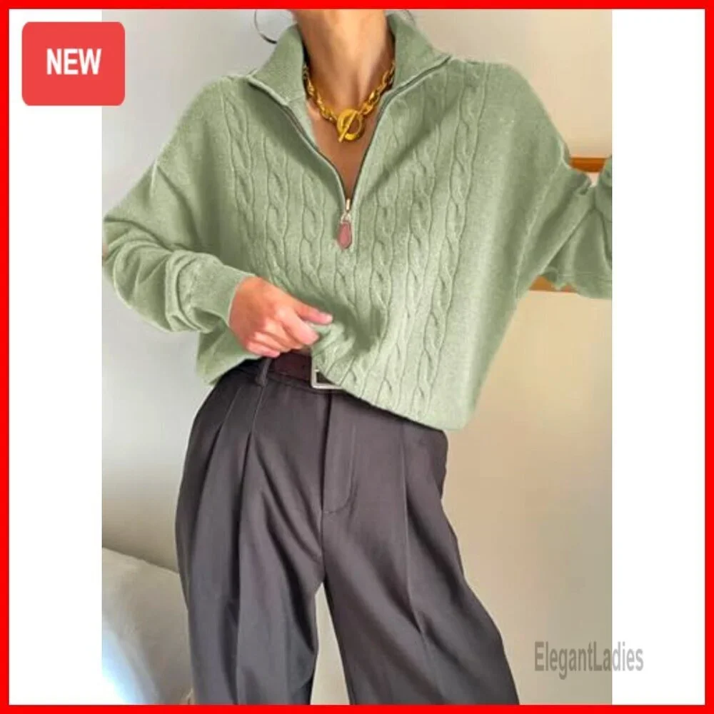 Quarter Zip Ribbed Cable Knit Pullover Sweater Casual Winter Wear